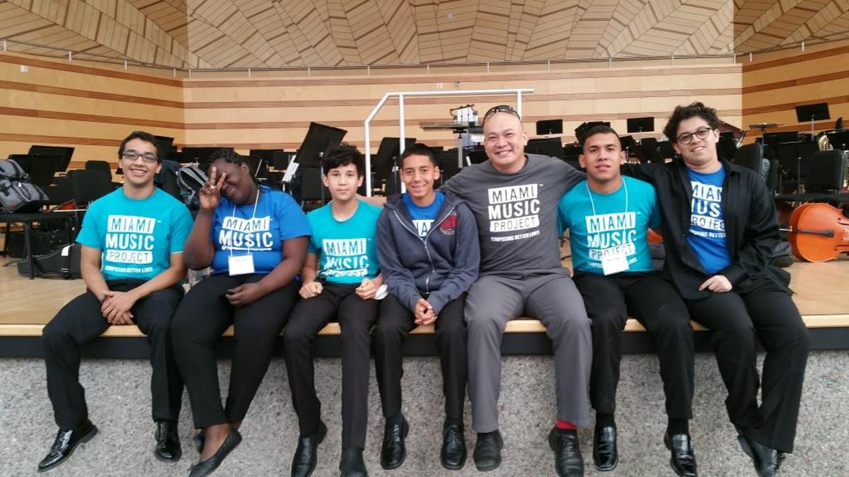 Some of the musicians representing the Miami Music Project at the National Take A Stand Festival in Aspen are, from left, Cesar Fernandez, Ruth Joseph, Dereck Sanguino, Christopher Gonzalez, Director of Educational Programming Steven Liu, Jose Espejo and Eduardo Clavijo.