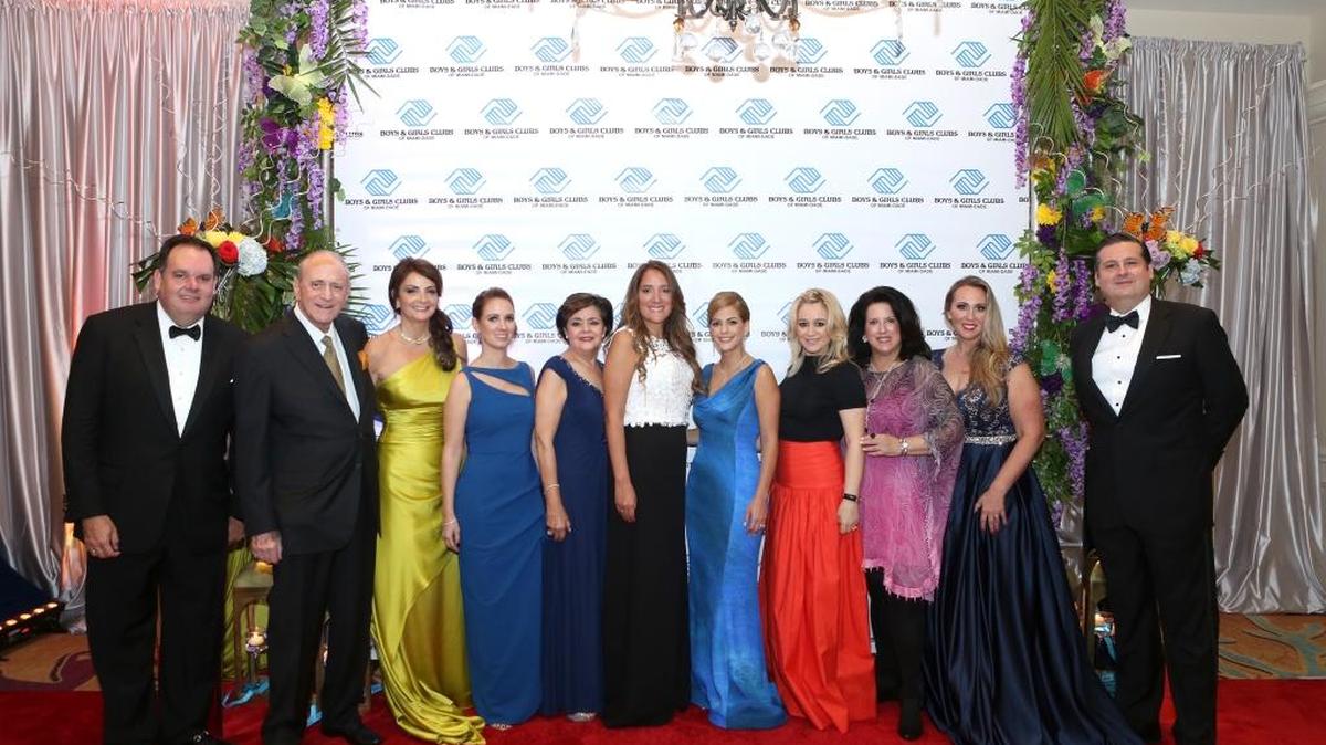 Celebrating at the Boys & Girls Clubs of Miami-Dade Gala are: From left, Juan Jose Delgado, Michael S. and Lynda Gordon, Pamela Guilarte, Olga Guilarte, Gabriela Rachadell de Delgado, Elizabeth Patino, Eris Thomas, Judith Kramer, Melissa Pallett, and Raul Rodriguez-Jacome