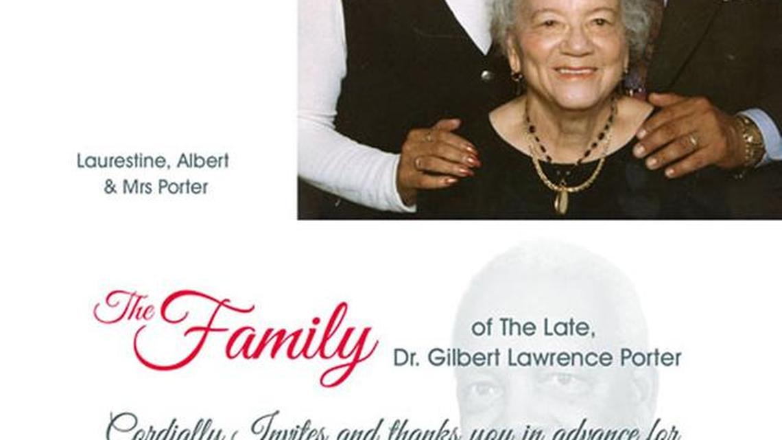 You are invited: The family of Gilbert Lawrence Porter: Seated, wife Mrs. Willie Pearl Porter; standing, daughter Laurestine and son Albert.