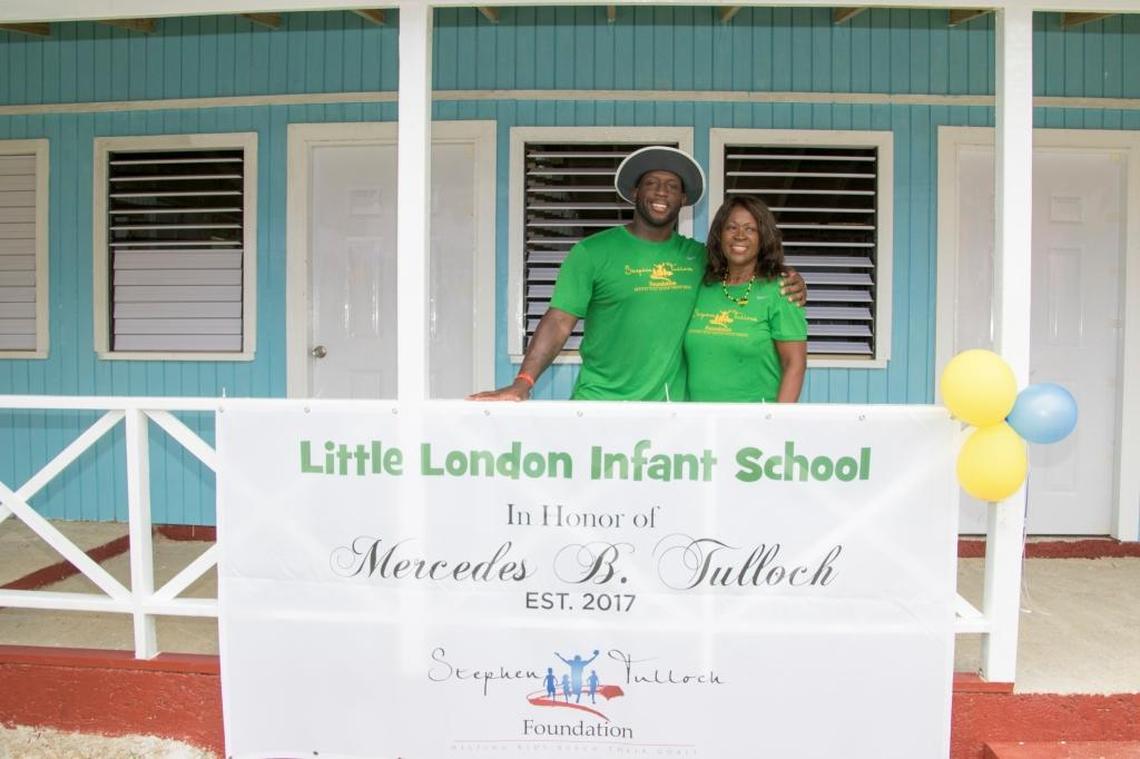 Stephen Tulloch and his mom Mercedes Tulloch celebrate the new Little London Infant School for children ages pre-kindergarten through age 7. The Miami resident and retired NFL linebacker, along with enthusiastic volunteers, worked with the Helping Hands Jamaica Foundation to build a school in his mother’s name near Negril, Jamaica.