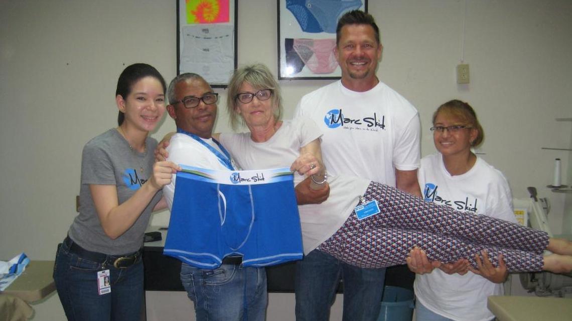 Magdali Fernandez, Ramon Beliar, designer Sally Beers, owner and creator Dan Barry and Rosanna Jorge present a pair of new Marc Skid boxer briefs. The colorful creations are made of organic pima cotton grown on family farms in Peru. The waistband is made from recycled water bottles. Each pair sold raises funds for charity.