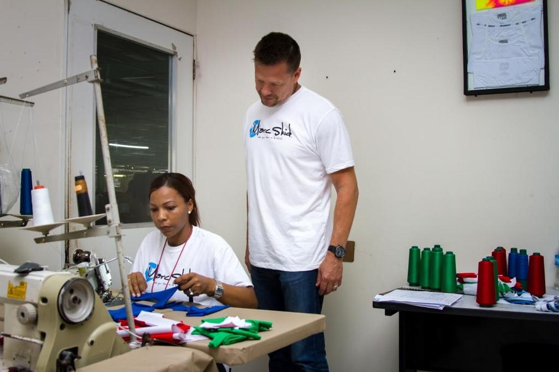 Making his “Marc on the World,” Dan Barry, owner and creator of Marc Skid underwear, watches a pair being sewn. The underwear designs are sold on his e-commerce site and with each purchase a donation is made to one of nine 4-star charities.