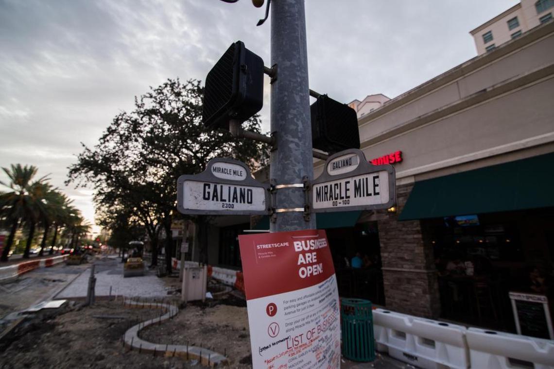 Ongoing construction work in Coral Gables at the corner of Galiano Street and Miracle Mile on Thursday, August 17, 2017.