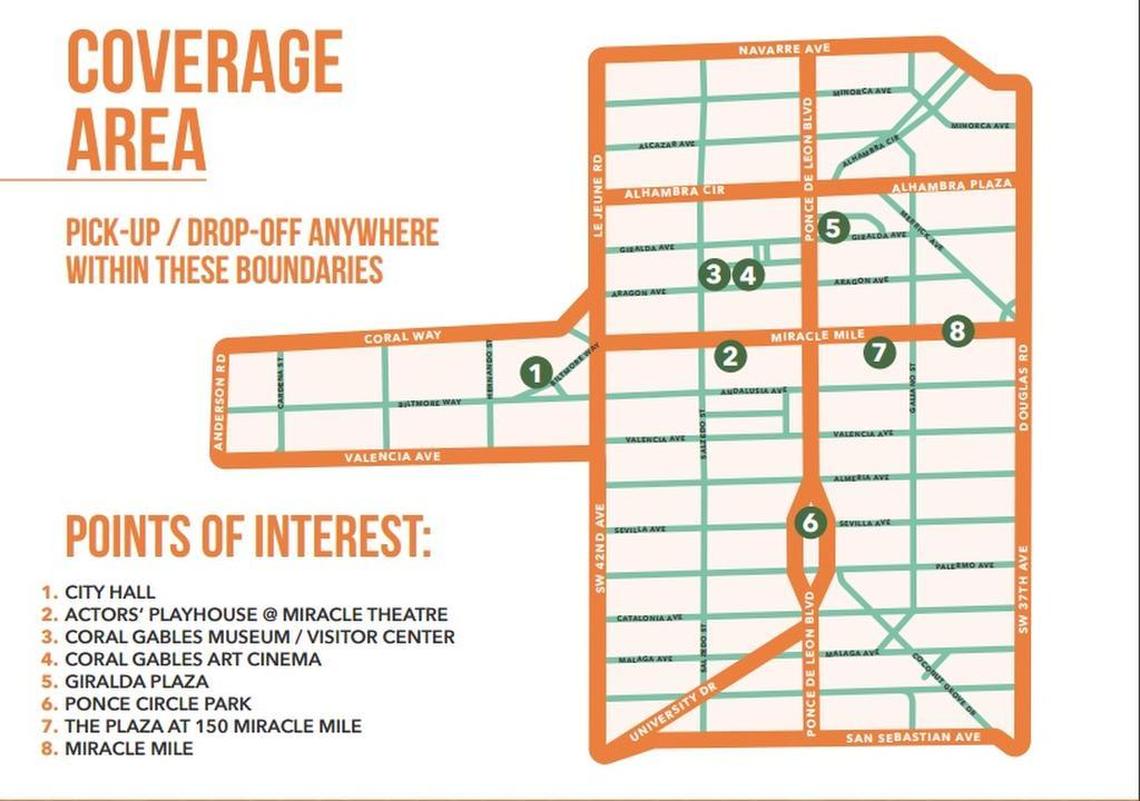 Freebee’s coverage area in and around downtown Coral Gables. The company provides free shuttle rides to various locations in the area.