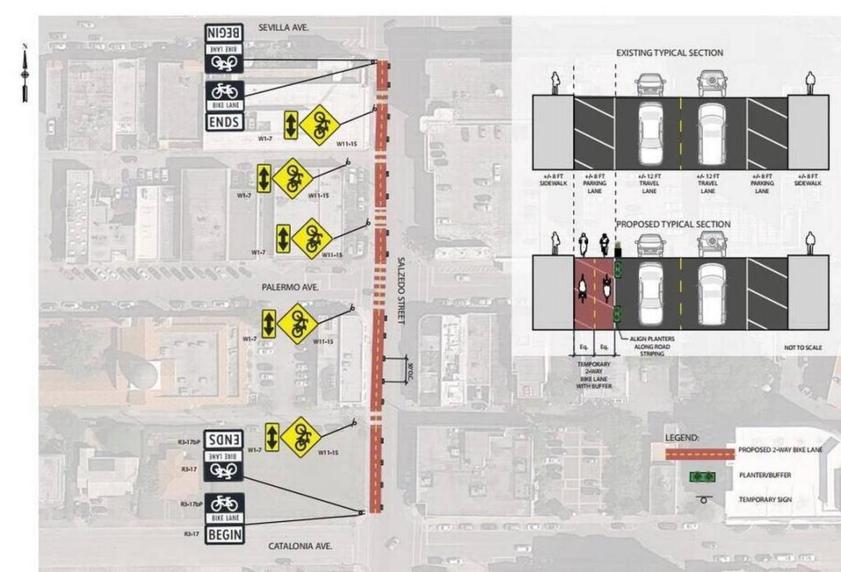 An overhead rendering of the “Gables Greenways” plan on Salzedo Street. The city is launching a pilot program where plants and green space will serve as a buffer between bike lanes and car lanes.