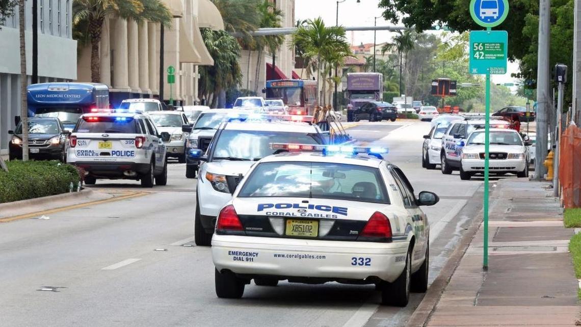 City of Coral Gables Police block off LeJeune Road and Valencia Avenue in Coral Gables on Friday, May 26, 2017.