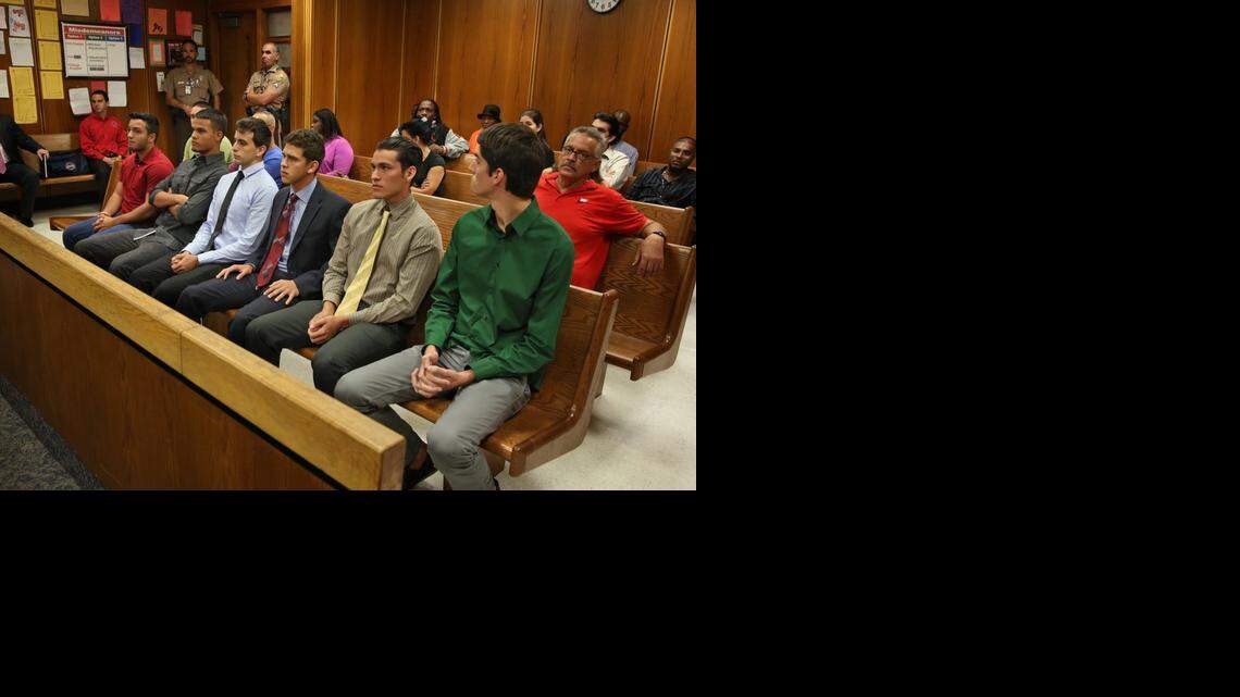 
(l-r front row) Jorge Guerrero, Ernesto Romero, Christian Lobo, Kevin Ramos, Angel Sanchez and Jonathan Ramirez in court for arraignment charged with breaking into the Coral Gables home of NBA star Ray Allen, Friday October 17, 2014. They reached a pre-trial diversion for 100 hours of community service and $1000 donation to charity.
