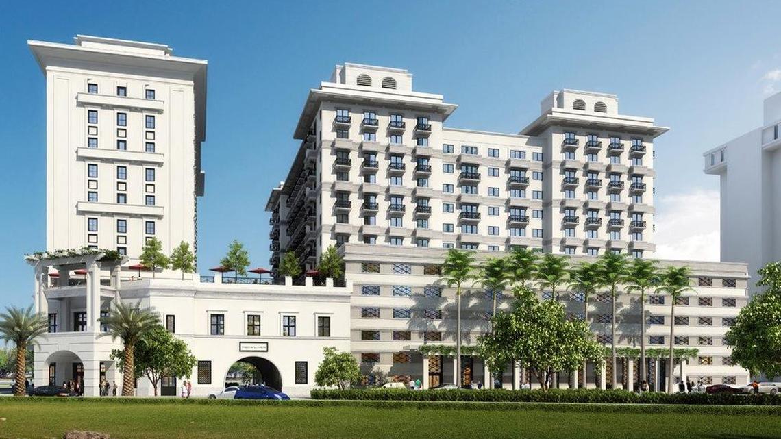 A rendering of the proposed Paseo de la Riviera project as seen from Jaycee Park in Coral Gables.