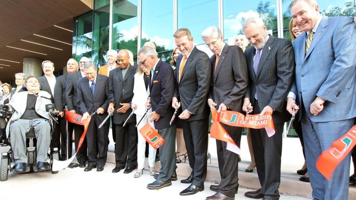 Julio Frenk, President of the University of Miami, (third from right) along with other dignitaries during a dedication ceremony for the new University's new LennarMedical Center, on Ponce de Leon on Friday, November 18, 2016. . The "flagship facility" is intended to create a different patient experience by incorporating music and art into their treatment of patients. The multidisciplinary facility will also include the cancer care, Bascom Palmer eye care, and Sports Medicine.