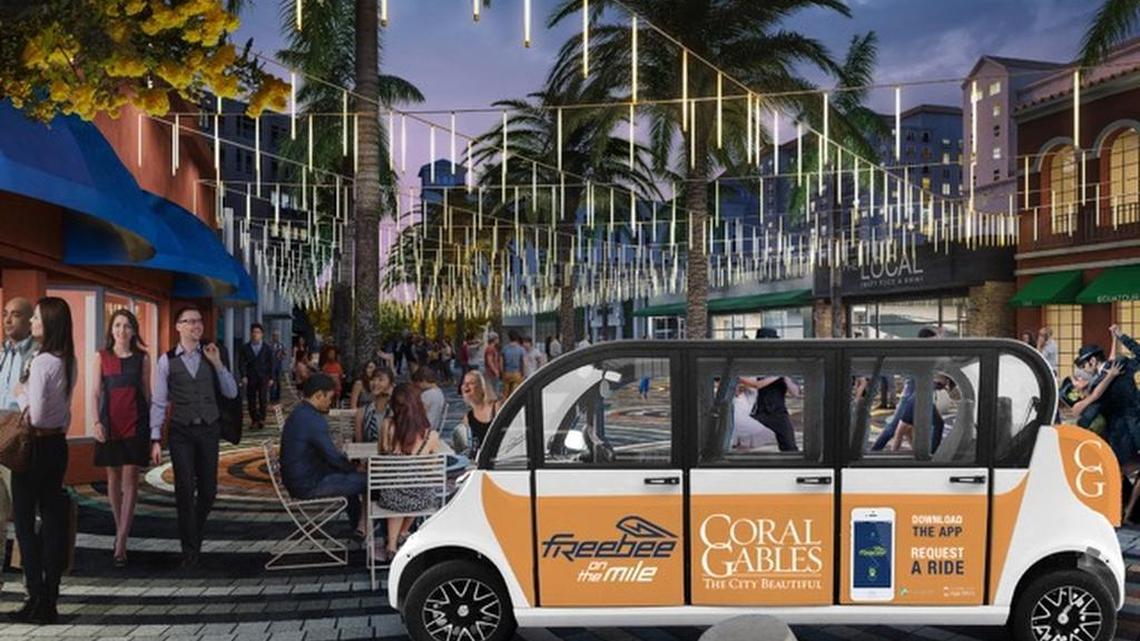 A rendering of one of Freebee’s shuttles parked off Giralda Avenue