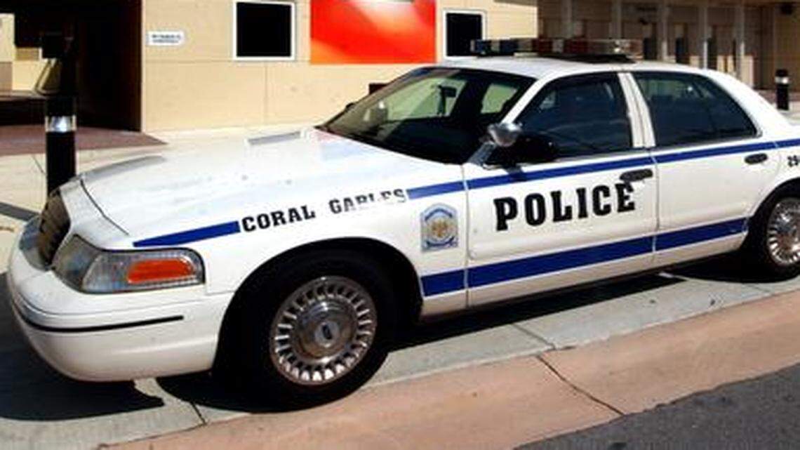 
A Coral Gables police car sits in front of the Convocation Center at the University of Miami.
