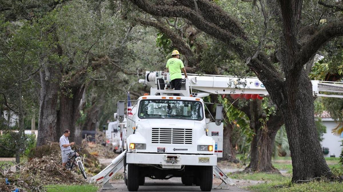 Utility workers from out-of-state work on power lines knocked down by trees and branches in Coral Gables on Sept. 16.