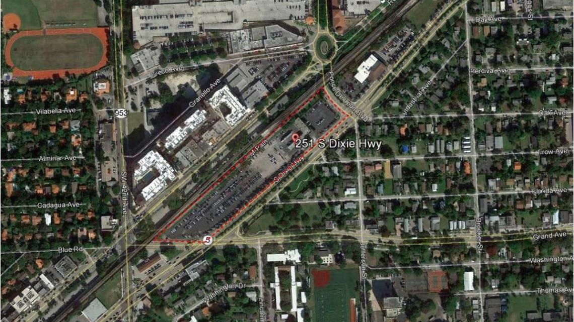 An aerial view of the proposed Gables Station site at 215 and 251 South Dixie Highway in Coral Gables.