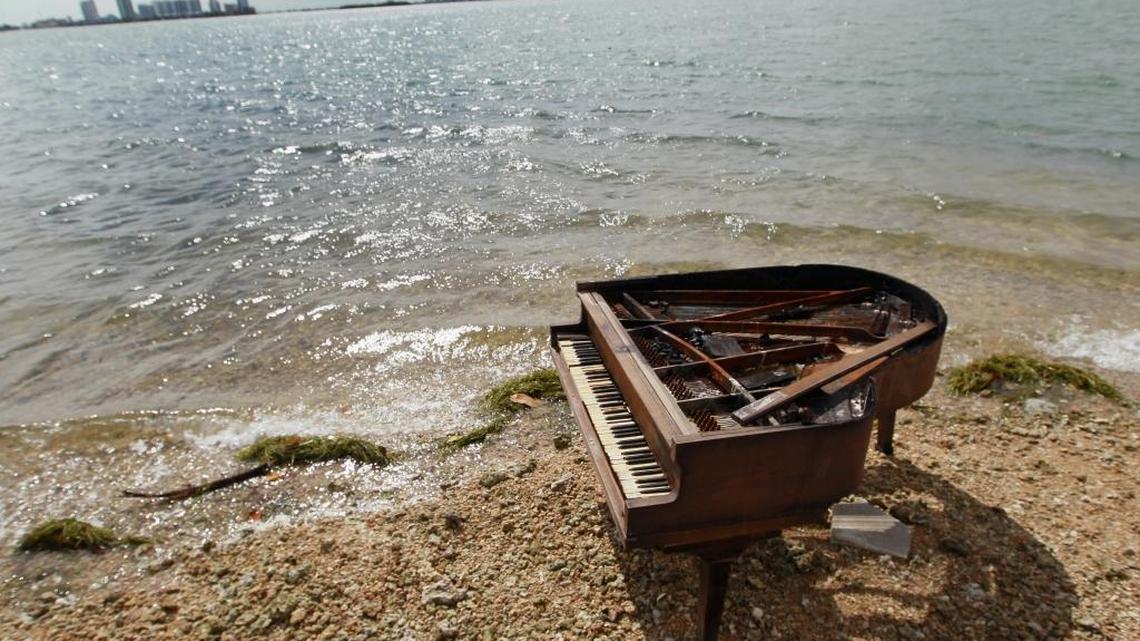 A grand piano is seen on a sandbar in Biscayne Bay on January 26, 2011 in Miami.