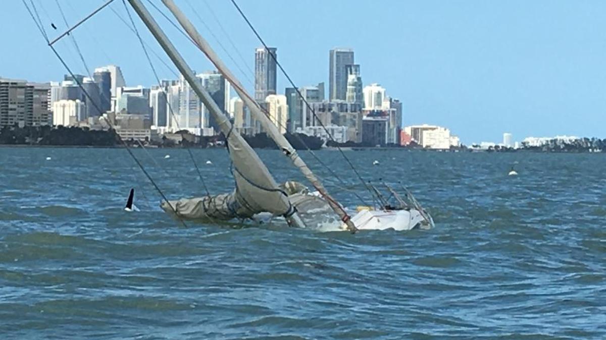 A sailboat mast juts out of Biscayne Bay on Sept. 13, 2017, after Hurricane Irma lashed the Miami coast and caused damage up and down the waterfront. The problems prompted organizers of the Columbus Day Regatta to cancel the early-October race.