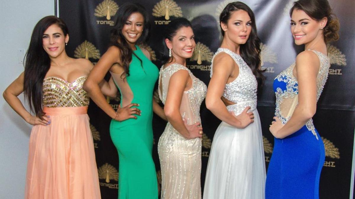 From left to right: Arianna Coltellacci, Alma Delgado, Viviana Alvarez, Sofiya Kalish and Juliana Serna show off red carpet ready gowns available for rent at the Tonight Miami Dress for Rent boutique in Doral.