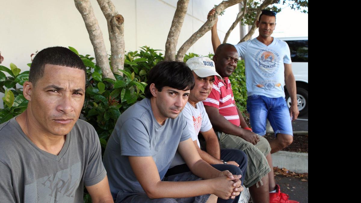 
Yoandi Boloy, left, Amíkar Estévez, Juan Torres, Edel Yurisnel Nocedo and Fonseca are part of the group of homeless Cuban immigrants. Church World Serve, the refugee assistance agency, has been unable to relocate them and provide them with aid.
