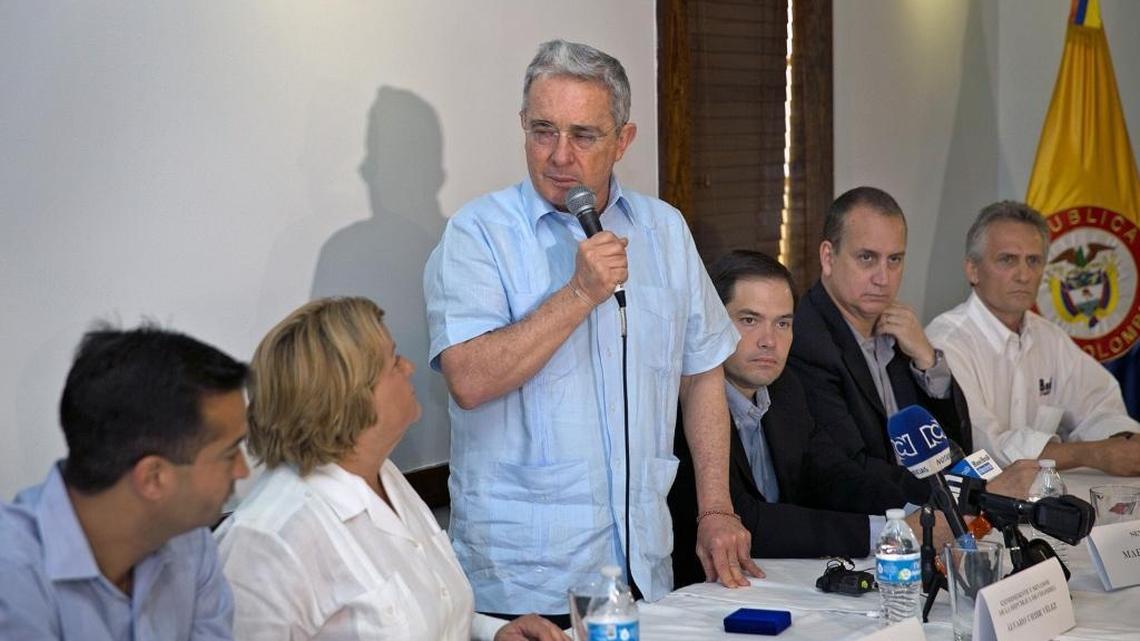 Former President Alvaro Uribe speaks at Mondongo's Colombian Restaurant in Doral as Congressman Carlos Curbelo, Congresswoman Ileana-Ros-Lehtinen, Sen. Marco Rubio, Congressman Mario Diaz-Balart and Doral Mayor Luigi Boria listen on Sunday October 23, 2016.