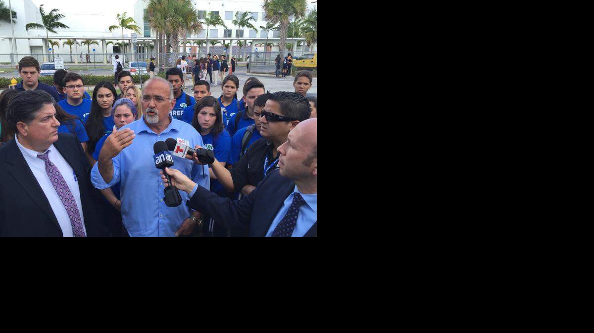 
Pete Cabrera, Doral city council candidate, held a press conference at Ronald W. Reagan Senior High School Friday.
