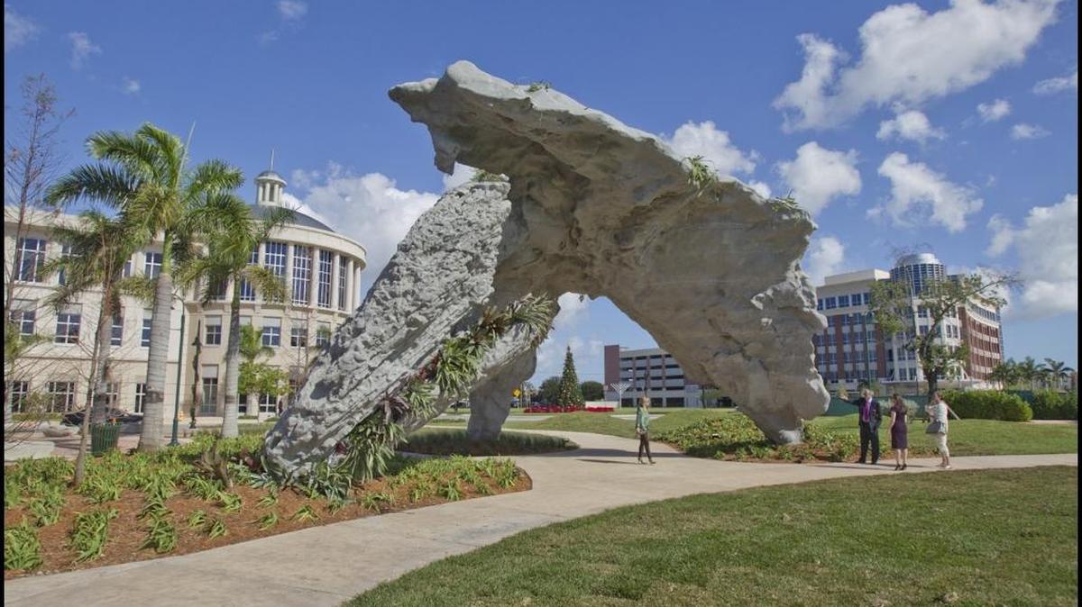 Doral City Hall can be seen on the left behind a sculpture by Michele Oka Doner.