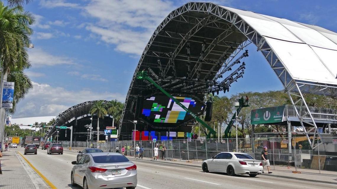 This 2016 file photo shows last-minute preparations for the opening of the Ultra Music Festival in downtown Miami.