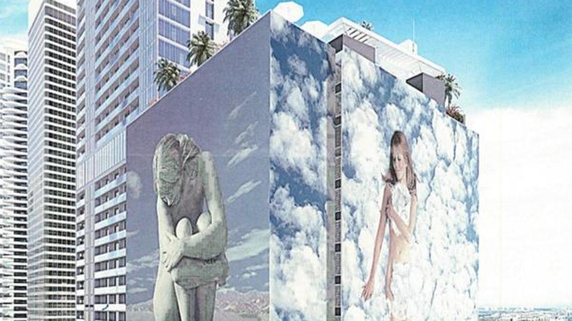 A rendering of the 17-story parking garage at the X Miami apartment tower covered with proposed photo collages by Belgian artist Sammy Slabbinck.