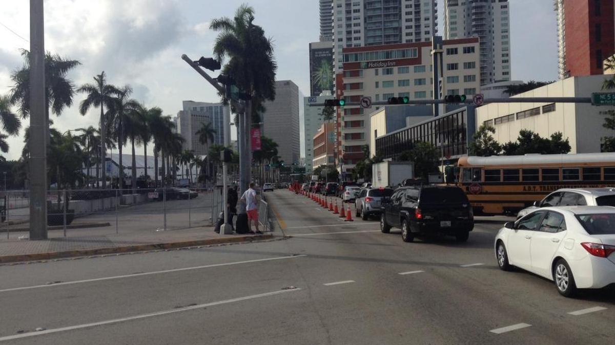 Friday morning’s traffic with part of Biscayne Boulevard shut down for Ultra in this file photo from March 2022.