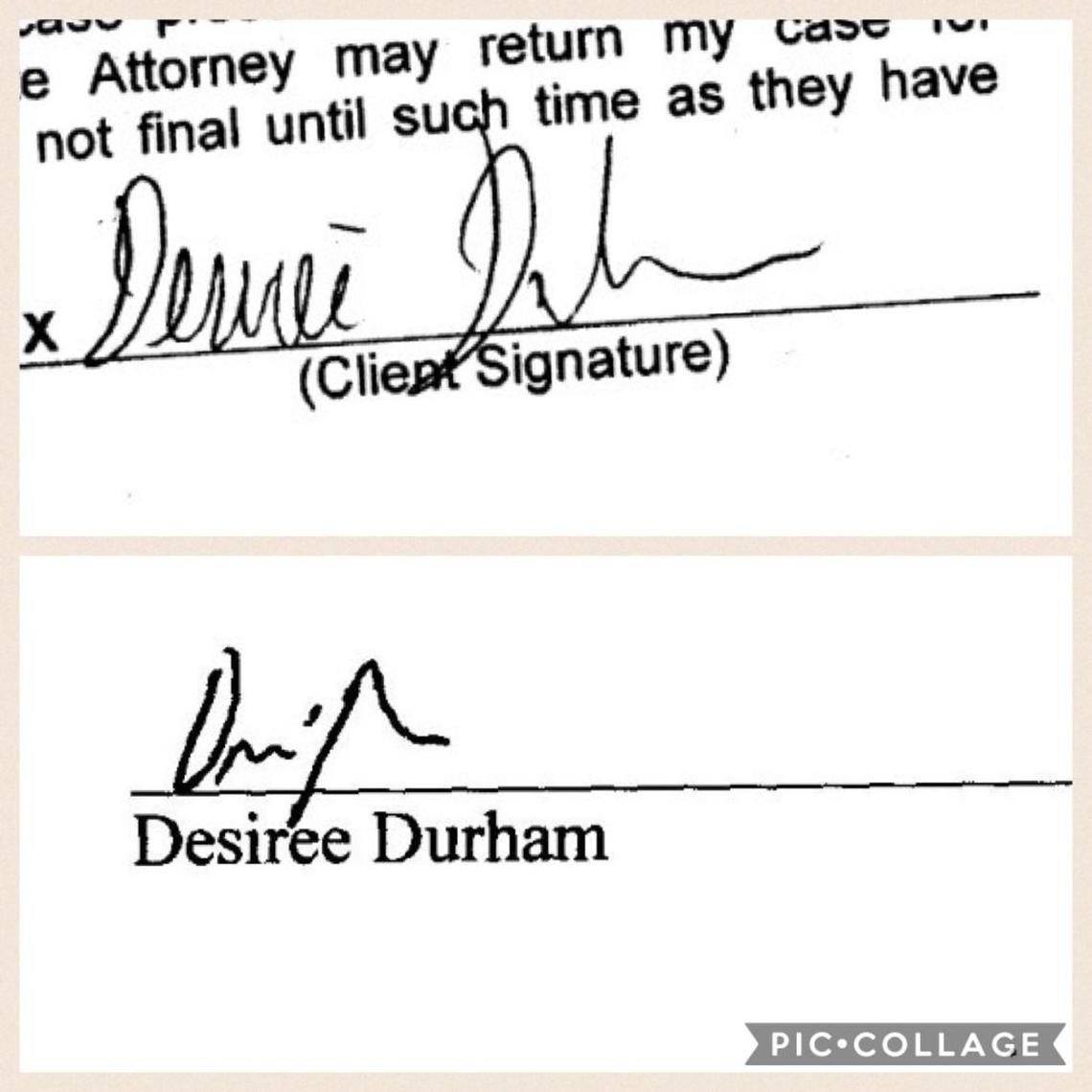 The deed for the sale of the Overtown property was purportely signed (bottom) by the shell company’s agent, Desiree Durham. However, her signature on an unrelated court document (top) does not match. The sale of the property is under investigation by Miami-Dade prosecutors.