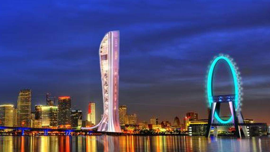 
A conceptual rendering of the Miami skyline lit up by Eye on the Bay (right) and SkyRise Miami (left) looking west from Watson Island. 
