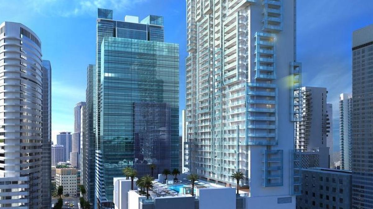 The 43-story Met Square tower in downtown Miami in 2017. The area was affected by a pipe break in the 200 and 300 South Biscayne Boulevard buildings.