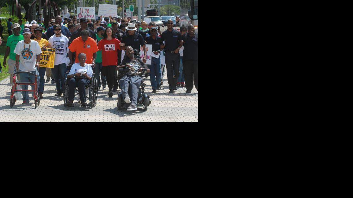 
A coalition of local civil rights and community organizations marched Saturday, March, 7, 2015, in Miami’s Overtown to commemorate the 50th anniversary of “Bloody Sunday” in Selma, Alabama, a landmark event that ushered in the federal Voting Rights Act.
