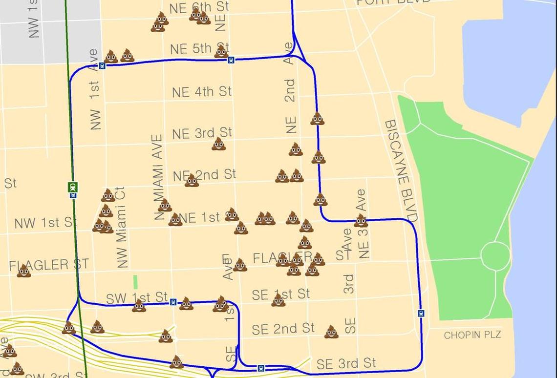A map produced by Jose Goyanes and promoted by the Miami DDA showing where a DDA cleanup crew found human waste during one eight-hour shift.