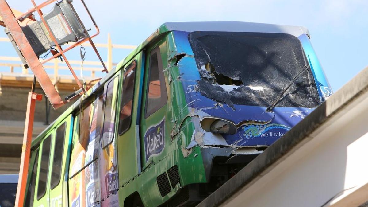 A view of the scene at Miami Central Station at Northwest Fifth Street and First Avenue where one construction worker was killed and another seriously injured in a collision between their boom lift and a Metromover car on Wednesday, February 8, 2017.