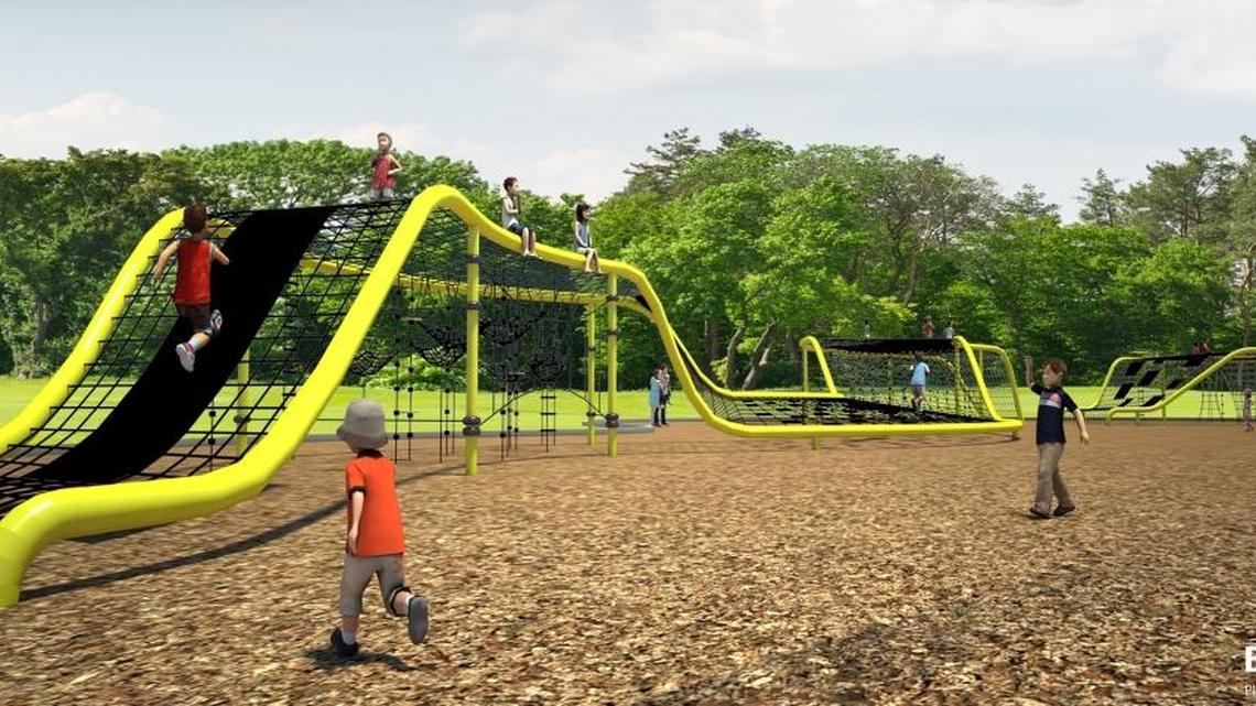 Berliner, the manufacturer providing the equipment for Museum Park’s $2 million playground, makes an atypical play set, shown in this rendering.