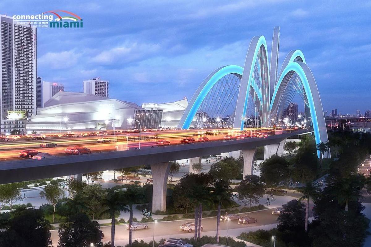 A rendering of the controversial winning proposal for the reconstruction of Interstate 395 features a “signature bridge” over Biscayne Boulevard suspended from multiple arches.