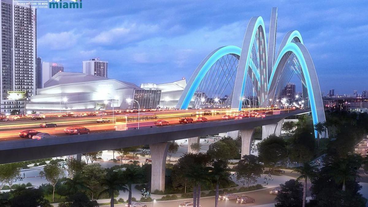 A rendering of the controversial winning proposal for the reconstruction of Interstate 395 features a “signature bridge” over Biscayne Boulevard suspended from multiple arches.