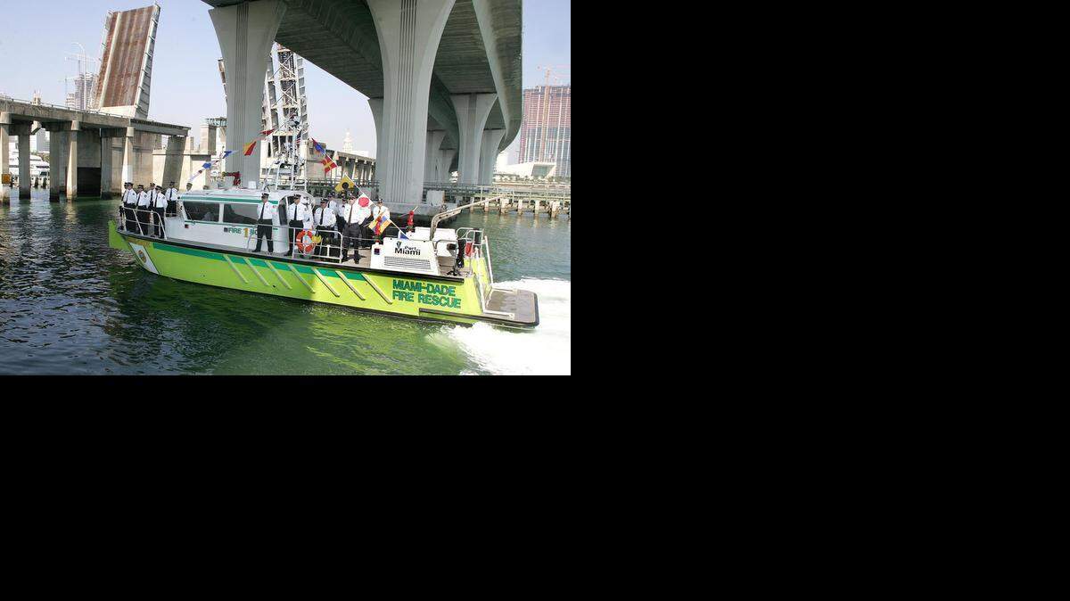 
One of Miami-Dade County’s two fire boats shortly after being purchased in 2007, leaving PortMiami. 
