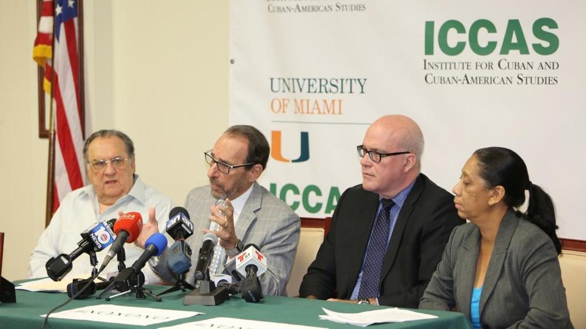 Members of the Cuban Democratic Directorate speak in Miami last week. From left to right, Horacio Garcia, Dr. Jose Azel, Orlando Gutierrez-Boronat and Bertha Antunez.
