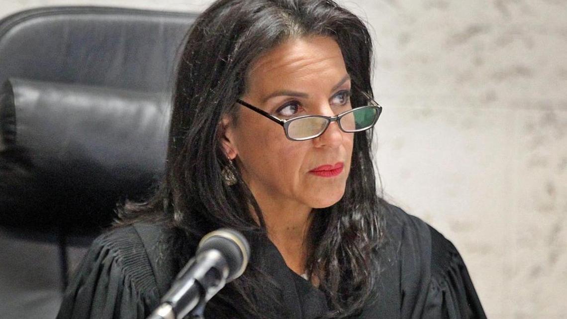 Circuit Court Judge Beatrice Butchko at the court hearing of Miami-Dade County vs. Miami Marlins in a profit-sharing fight between the county and former owner Jeffrey Loria on Thursday, Feb. 22, 2018.