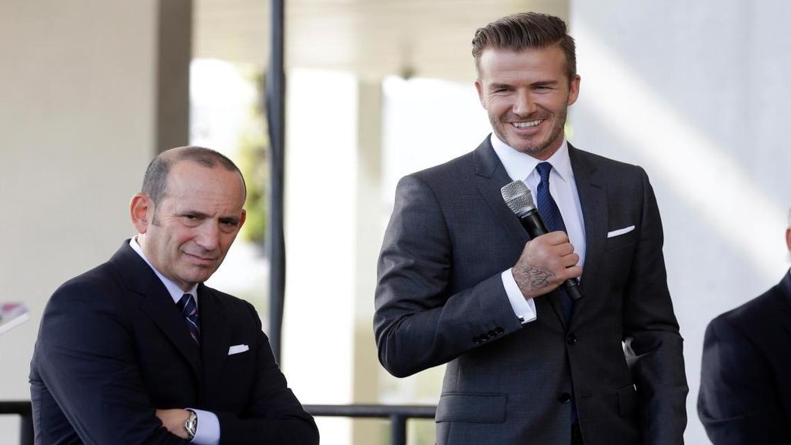 David Beckham, right, and Major League Soccer Commissioner Don Garber listen to a question at a news conference in Miami. That was three years ago, when Beckham wanted his MLS stadium at PortMiami. That bid failed, as did one for a stadium next to Marlins Park. Garber is expected to announce the league’s intentions toward Beckham’s plan for an Overtown stadium. (AP Photo/Lynne Sladky, File)