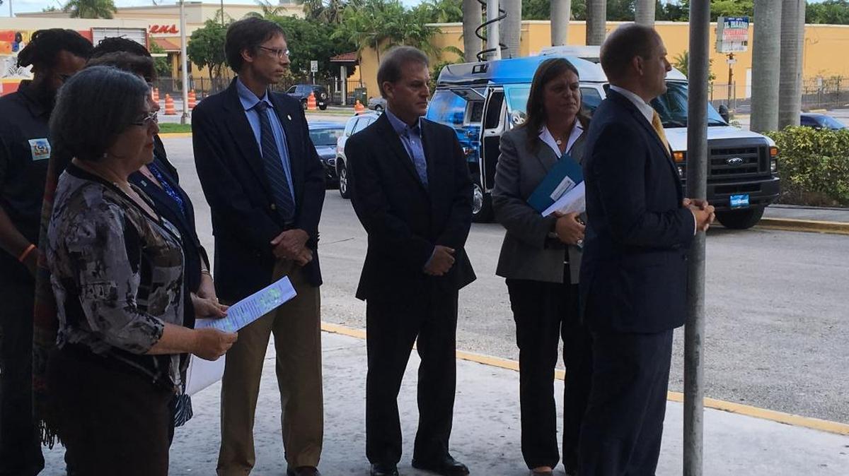 State Rep. Jose Javier Rodriguez, right, and Miami-Dade District 8 Commissioner Daniella Levine Cava, left, speak against Florida Power and Light’s proposed rate increase on Monday evening before a public hearing.