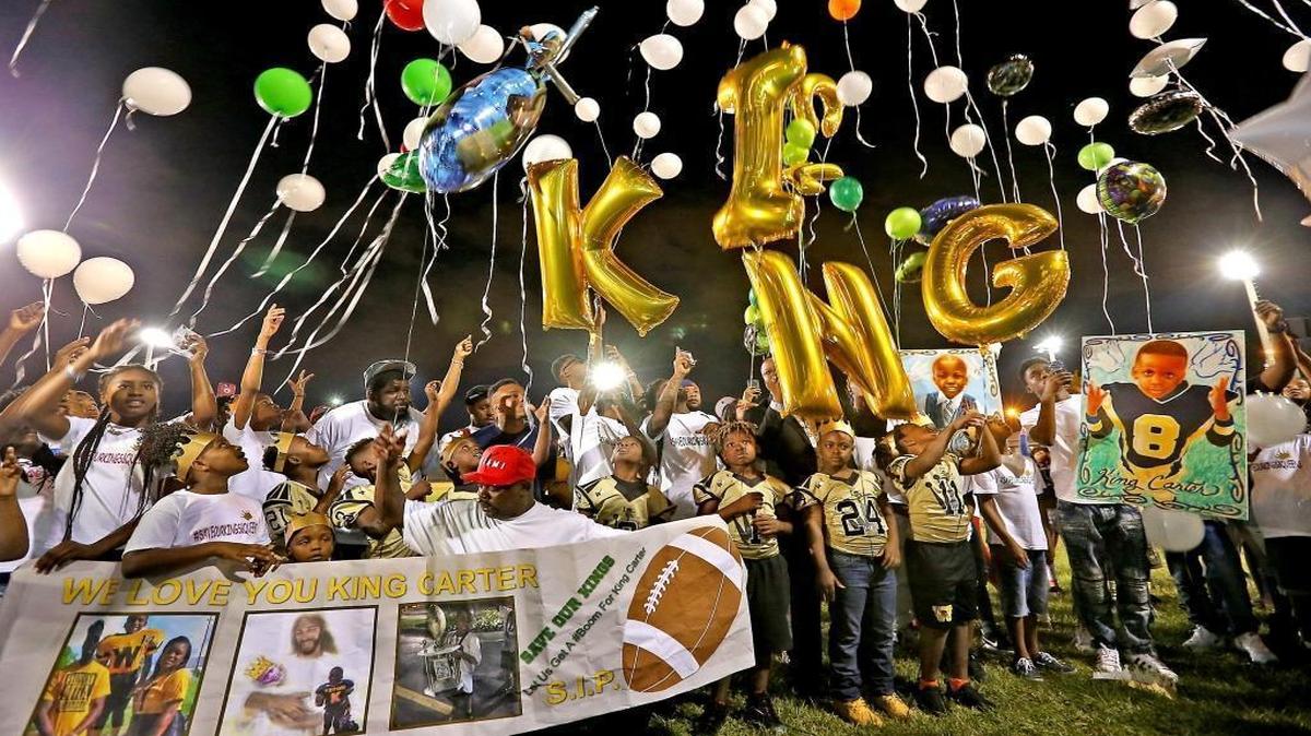 King Carter's family and friends mark the one year anniversary of King's death with a walk and balloon release at Charles Hadley Park on Monday, Feb. 20, 2017.