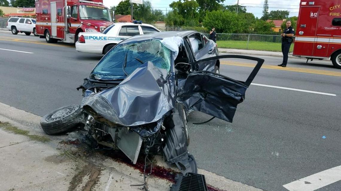 A Miami Fire Rescue truck and a car collided in Liberty City Thursday afternoon.