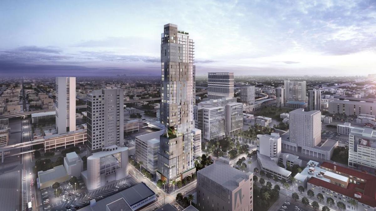 A rendering of entrepreneur Moishe Mana’s proposed “micro-living” tower with no parking in downtown Miami.