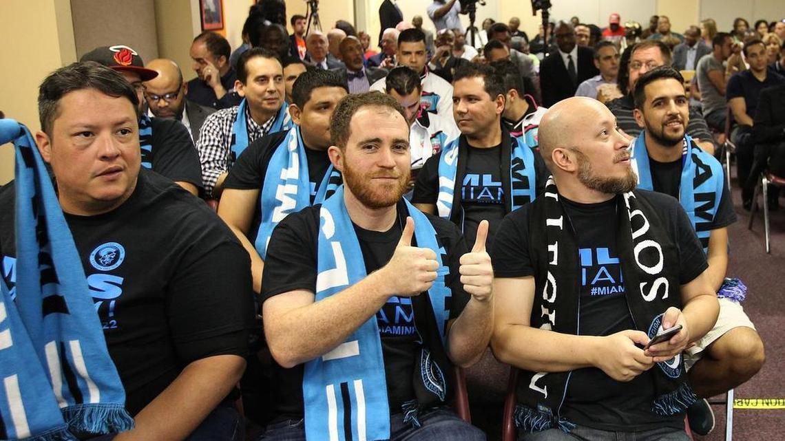 Brian Corey, the vice president of the Southern Legion MLS, gives the thumbs-up as folks gather to hear from the Miami Beckham United group and Miami-Dade officials on plans for a stadium in Overtown. Town hall meeting was on Thursday December 17, 2015.