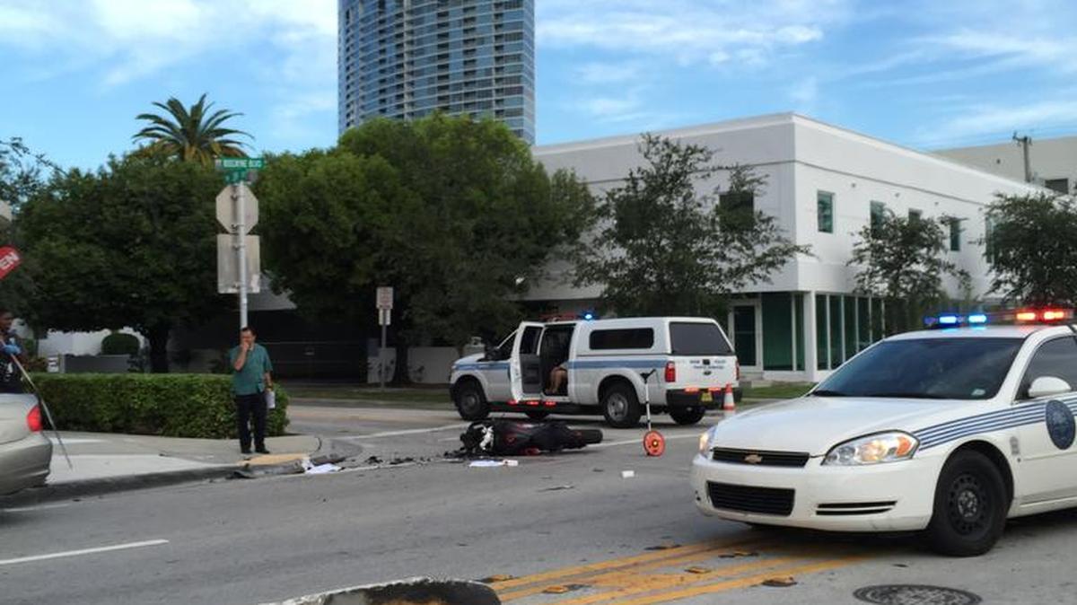 
A motorcyclist was taken to the hospital in critical condition after a violent crash on Biscayne Boulevard and 39th Street Monday, Aug. 3, 2015.
