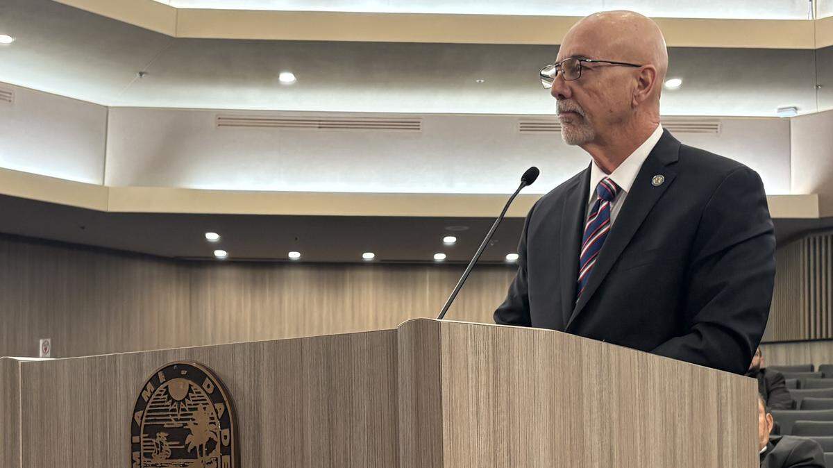 Felix Jimenez, inspector general for Miami-Dade County, addresses county commissioners on Monday, Feb. 2, 2026, about legislation to change the rules on how the county hires for his position.