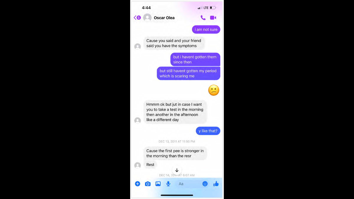 Captura de pantalla de una de las presuntas víctimas de Oscar Olea que muestra una conversación en Facebook cuando tuvo un susto de embarazo.