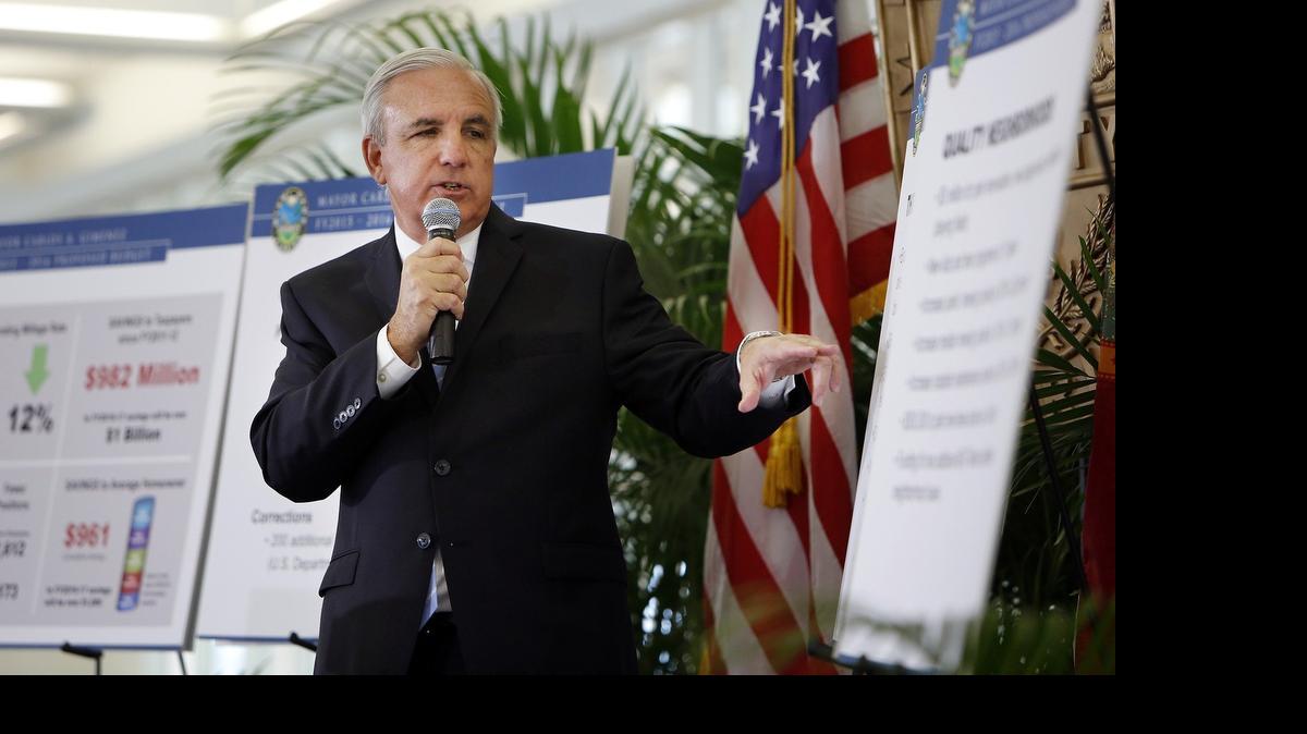 
Mayor Carlos Gimenez unveils his 2016 budget, which includes expanded hours for some libraries, increased funding for parks and new police cadet classes. Gimenez used charts on stage to illustrate some of the contents of the budget. 
