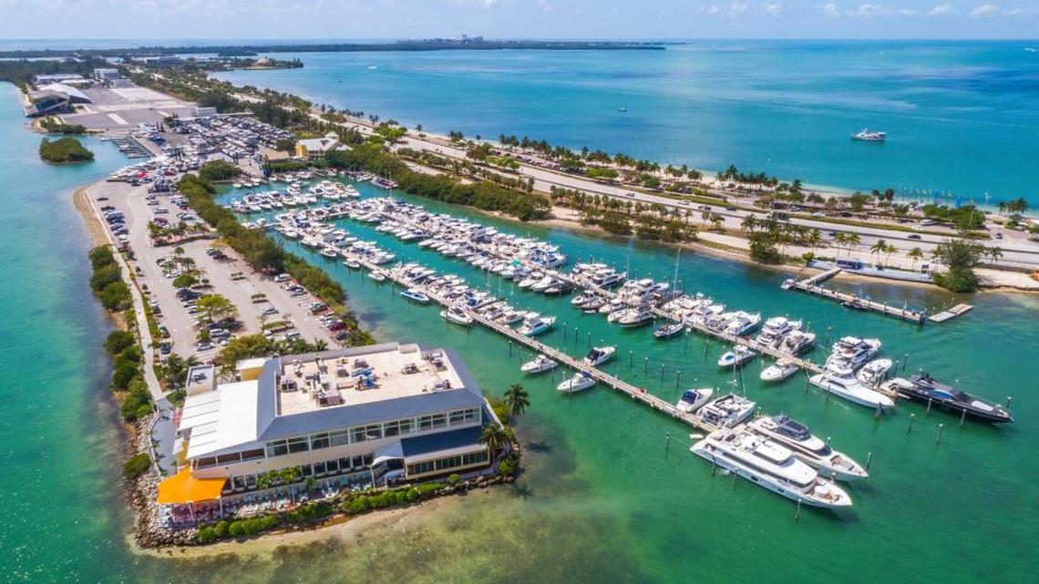 An aerial view of the Rickenbacker Marina and the causeway that runs along its border. Plan Z would shift the causeway to the north, toward the marina.